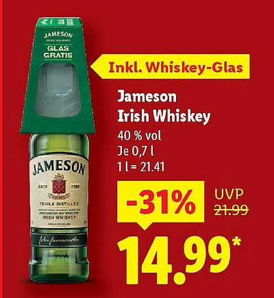 Jameson Irish Whiskey 0,7l inkl. Whiskey-Glas