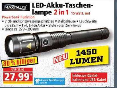 LED-Akku-Taschenlampe 2 in 1 - 15 Watt, mit Powerbank-Funktion