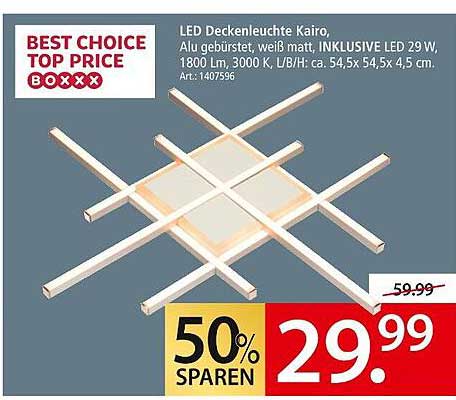 LED Deckenleuchte Kairo, Alu gebürstet, weiß matt, INKLUSIVE LED 29W, 1800 Lm, 3000 K