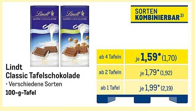 Lindt Classic Tafelschokolade - Verschiedene Sorten, 100-g-Tafel