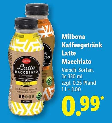 Milbona Kaffeegetränk Latte Macchiato - Verschiedene Sorten, je 330 ml
