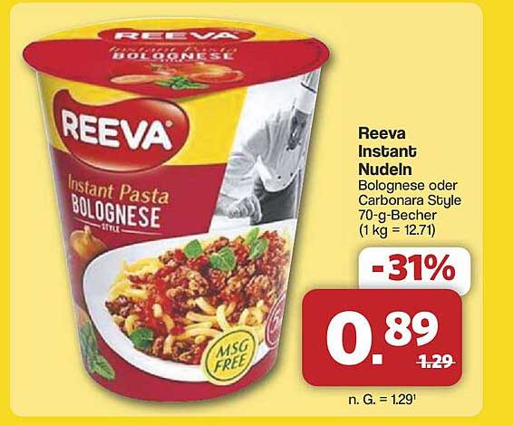 Reeva Instant Nudeln Bolognese oder Carbonara Style 70-g-Becher