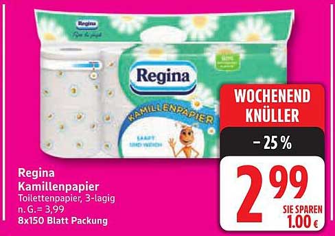 Regina Kamillenpapier Toilettepapier, 3-lagig, 8x150 Blatt Packung