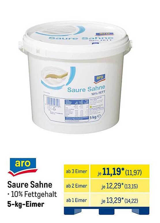 Saure Sahne 10% Fett – 5-kg-Eimer von ARO