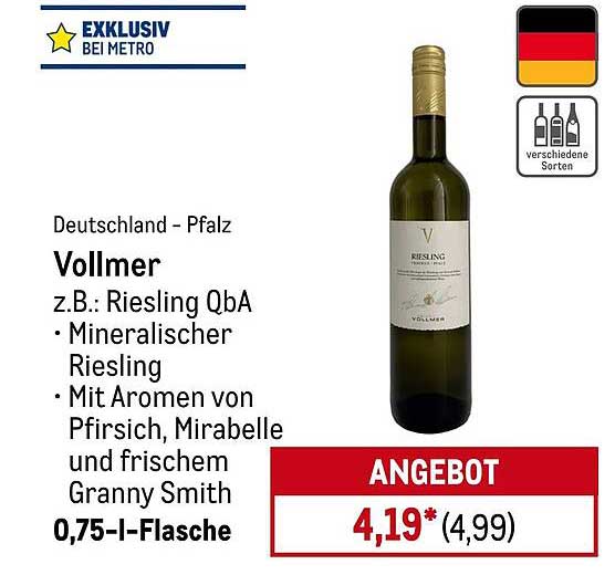Vollmer Riesling QbA 0,75 l-Flasche