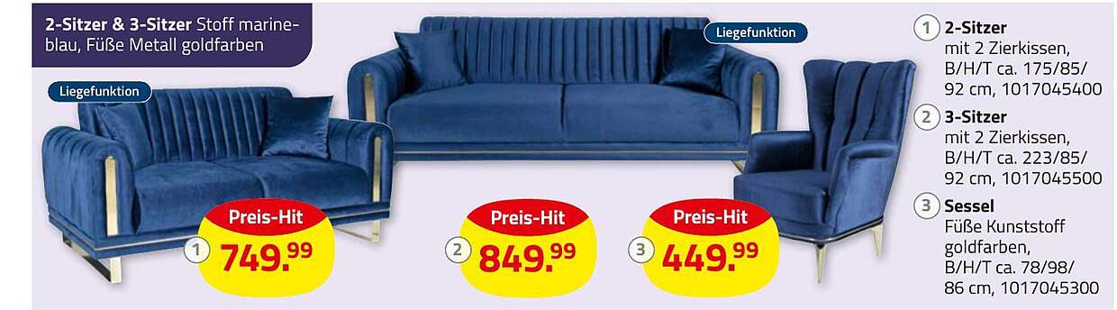 2-Sitzer & 3-Sitzer Stoff marine-blau, Füße Metall goldfarben