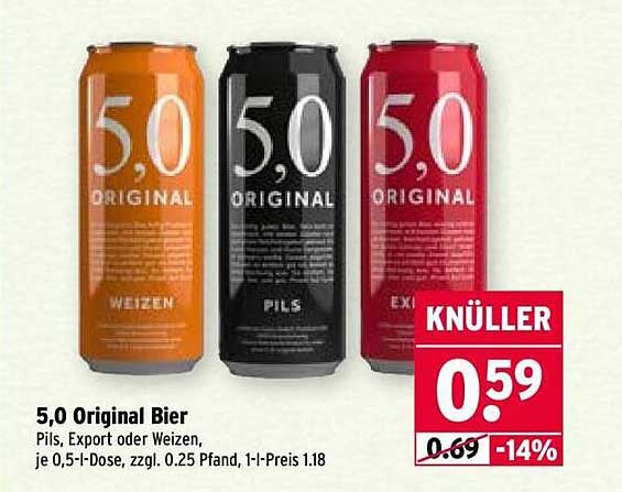 5,0 Original Bier - Pils, Export oder Weizen, je 0,5-l-Dose
