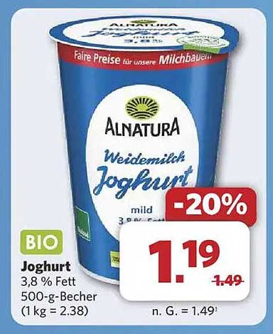 Alnatura Weidemilch Joghurt 3,8 % Fett 500-g-Becher