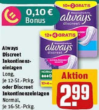 Always Discreet Inkontinenzeinlagen Long oder Normal – Aktion 2,99 €