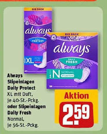 Always Slipeinlagen Daily Protect XL mit Duft - 40-Stück Packung oder Slipeinlagen Daily Fresh Normal - 56-Stück Packung