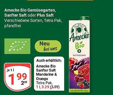 Amecke Bio Gemüsegarten, Sanfter Saft oder Plus Saft - Verschiedene Sorten im Tetra Pak