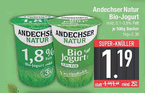 Andechser Natur Bio-Jogurt 1,8% Fett im 500g Becher