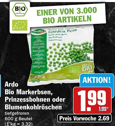 Ardo Bio Markerbsen, Prinzessbohnen oder Blumenkohlröschen tiefgefroren 600 g Beutel