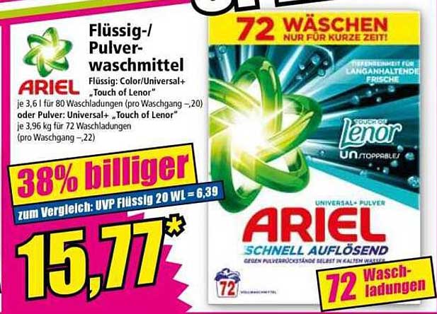 Ariel Flüssig-/Pulverwaschmittel 72 Waschladungen - jetzt 38% günstiger!