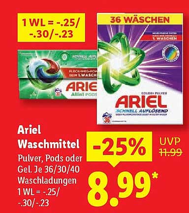 Ariel Waschmittel - Pulver, Pods oder Gel für 36/30/40 Waschladungen