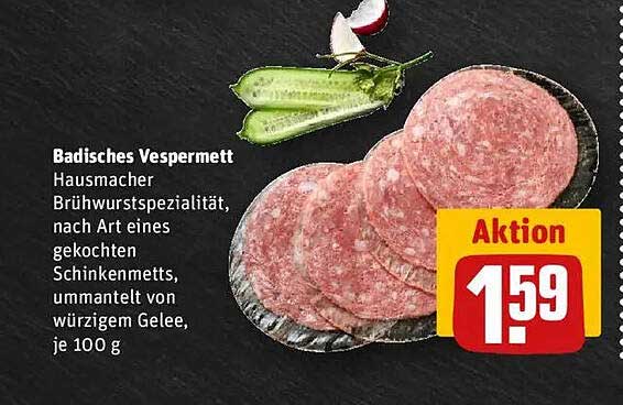 Badisches Vespermettt, Hausmacher Brühwurtspezialität, nach Art eines gekochten Schinkenmetts, ummantelt von würzigem Gelee, je 100 g