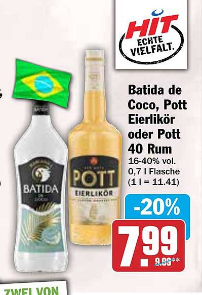 Batida de Coco, Pott Eierlikör oder Pott 40 Rum - 0,7 l Flasche
