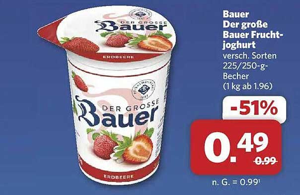 Bauer Der große Bauer Fruchtjoghurt Erdbeere - 225/250 g Becher