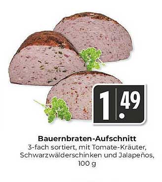 Bauernbraten-Aufschnitt 3-fach sortiert, mit Tomate-Kräuter, Schwarzwälder Schinken und Jalapeños, 100 g