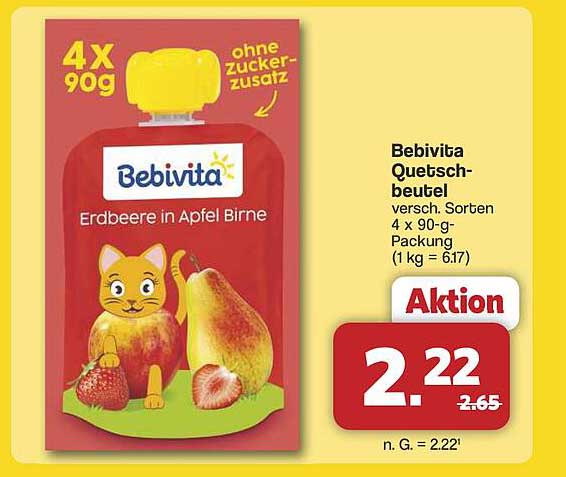 Bebivita Quetschbeutel Erdbeere in Apfel Birne 4 x 90 g