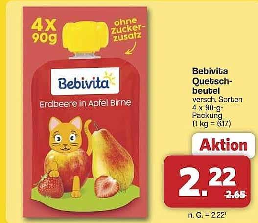 Bebivita Quetschbeutel Erdbeere in Apfel Birne – 4 x 90g Packung