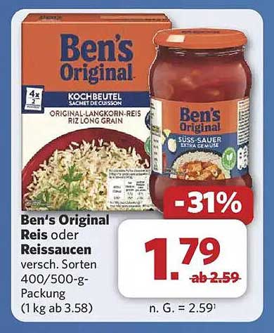 Ben's Original Reis oder Reissaucen - Diverse Sorten 400/500-g-Packung