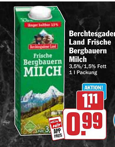 Berchtesgadener Land Frische Bergbauern Milch 3,5%/1,5% Fett 1 l Packung