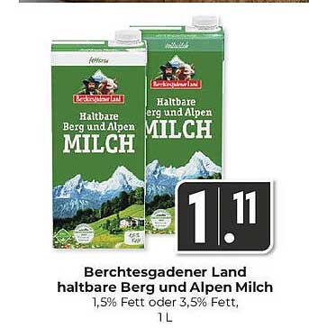 Berchtesgadener Land haltbare Berg und Alpen Milch 1,5% Fett oder 3,5% Fett, 1 L