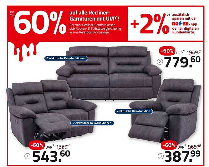 Bis zu 60% auf alle Recliner-Garnituren mit UVP!