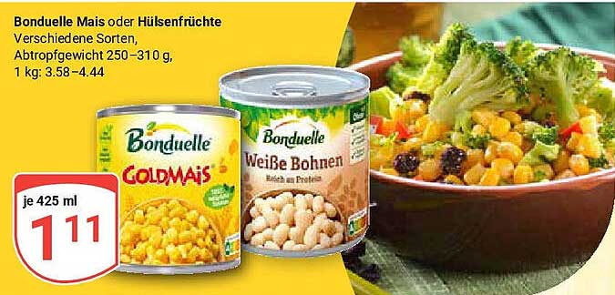 Bonduelle Mais oder Hülsenfrüchte 425 ml für nur 1,11 €