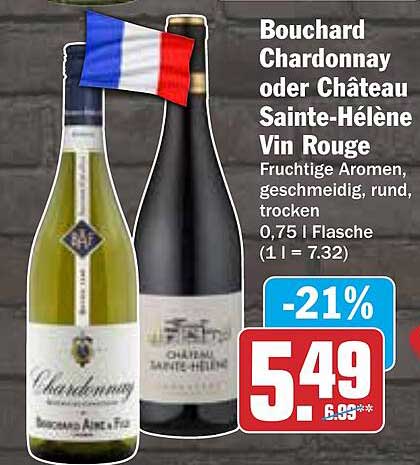 Bouchard Chardonnay oder Château Sainte-Hélène Vin Rouge - 0,75 l Flasche