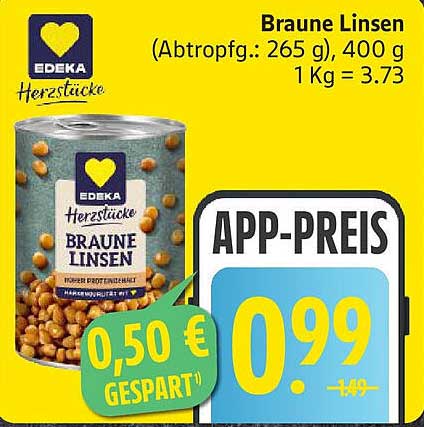 Braune Linsen in der 400 g Dose von EDEKA - Herzstücke