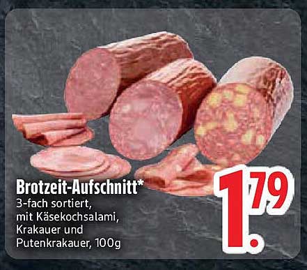 Brotzeit-Aufschnitt* 3-fach sortiert, mit Käsekochsalami, Krakauer und Putensalami, 100g