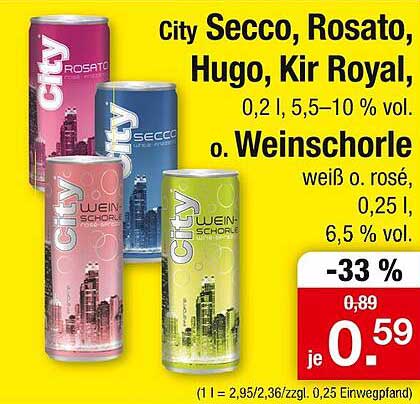 City Secco, Rosato, Hugo, Kir Royal, 0,25 l Weinschorle - 33% Rabatt