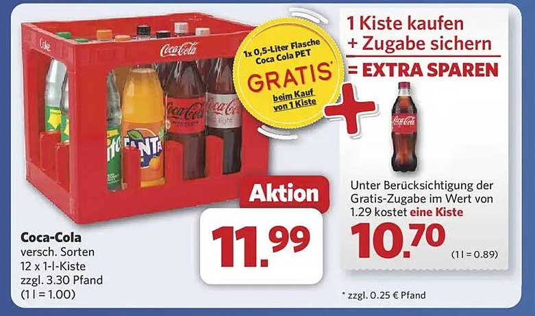 Coca-Cola–Kiste 12 x 1 Liter mit Gratis-Zugabe