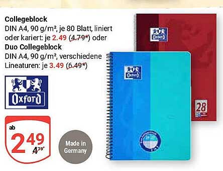 Collegeblock DIN A4, 90 g/m², 80 Blatt – ab 2,49 €