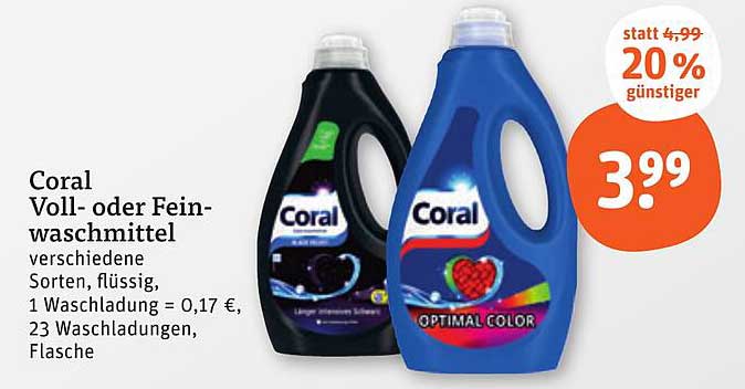 Coral Voll- oder Feinwaschmittel, verschiedene Sorten, flüssig