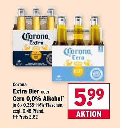 Corona Extra Bier oder Cero 0,0% Alkohol - 6 x 0,355 l Flaschen