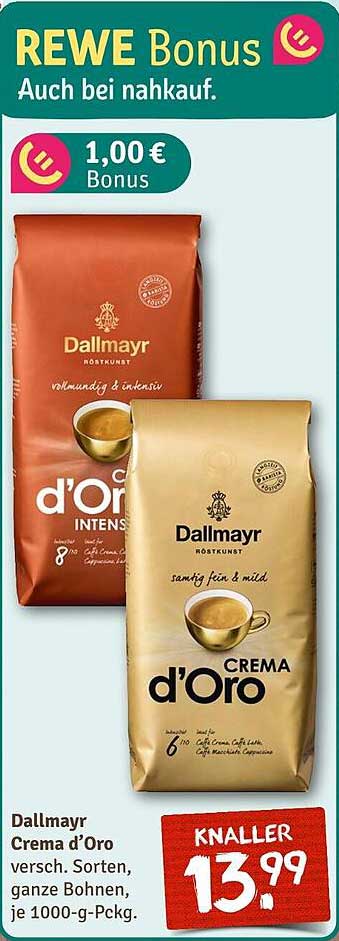 Dallmayr Crema d'Oro verschiedene Sorten, ganze Bohnen, je 1000-g-Päckchen