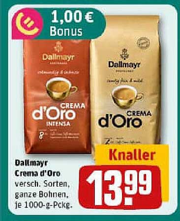 Dallmayr Crema d'Oro verschiedene Sorten, ganze Bohnen, je 1000-g-Päckchen