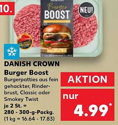 DANISH CROWN Burger Boost Burgerpatties aus fein gehackter Rinderbrust, Classic oder Smokey Twist