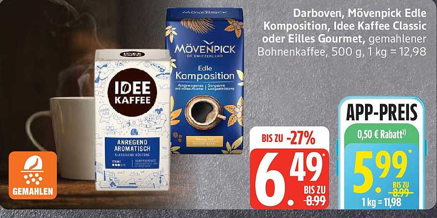 Darboven, Mövenpick Edle Komposition, Idee Kaffee Classic oder Eilles Gourmet, gemahlener Bohnenkaffee, 500 g, 1 kg = 12,98