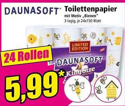 DAUNASOFT Toilettenpapier mit Motiv "Bienen" – 3-lagig, je 24x150 Blatt
