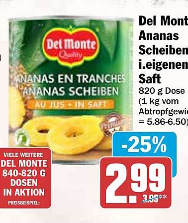 Del Monte Ananas Scheiben i.eigenem Saft 820 g Dose