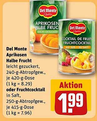 Del Monte Aprikosen Halbe Frucht leicht gezuckert oder Fruchtcocktail in Saft
