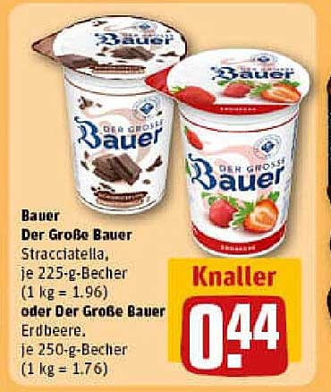 Der Große Bauer Joghurt Stracciatella oder Erdbeere, je 225-g-Becher