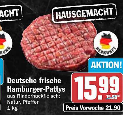 Deutsche frische Hamburger-Patties aus Rinderhackfleisch; Natur, Pfeffer
