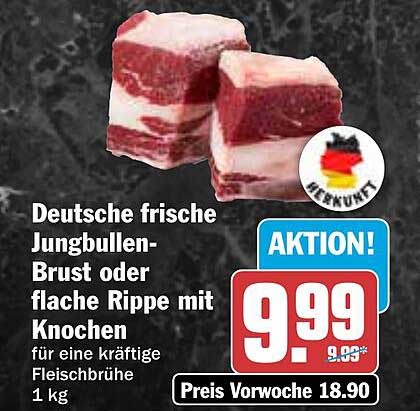 Deutsche frische Jungbullen-Brust oder flache Rippe mit Knochen