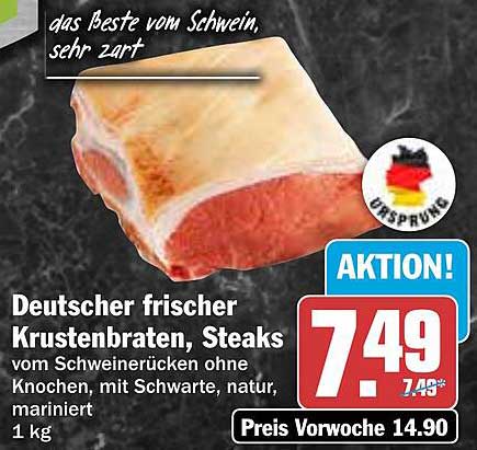 Deutscher frischer Krustenbraten, Steaks vom Schweinerücken ohne Knochen, mit Schwarte, natur, mariniert (1 kg)