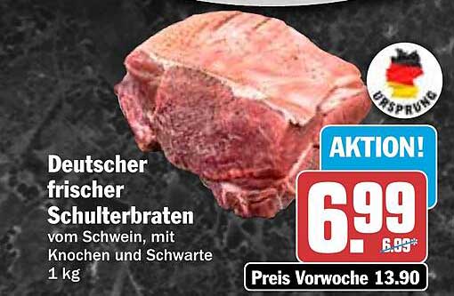 Deutscher frischer Schulternbraten vom Schwein, mit Knochen und Schwarte 1 kg